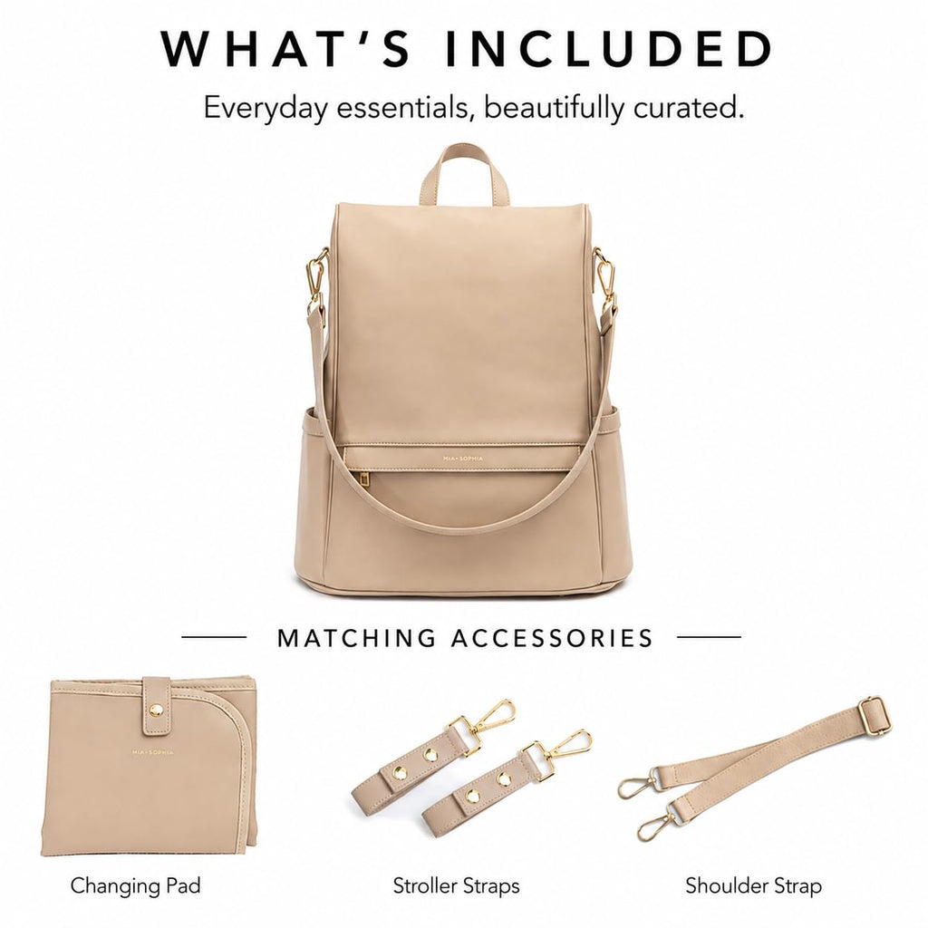 Leather Diaper Bag Backpack with USB Charging port, Changing Pad, Stroller Straps (Beige Mia)