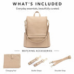 Leather Diaper Bag Backpack with USB Charging port, Changing Pad, Stroller Straps (Beige Mia)