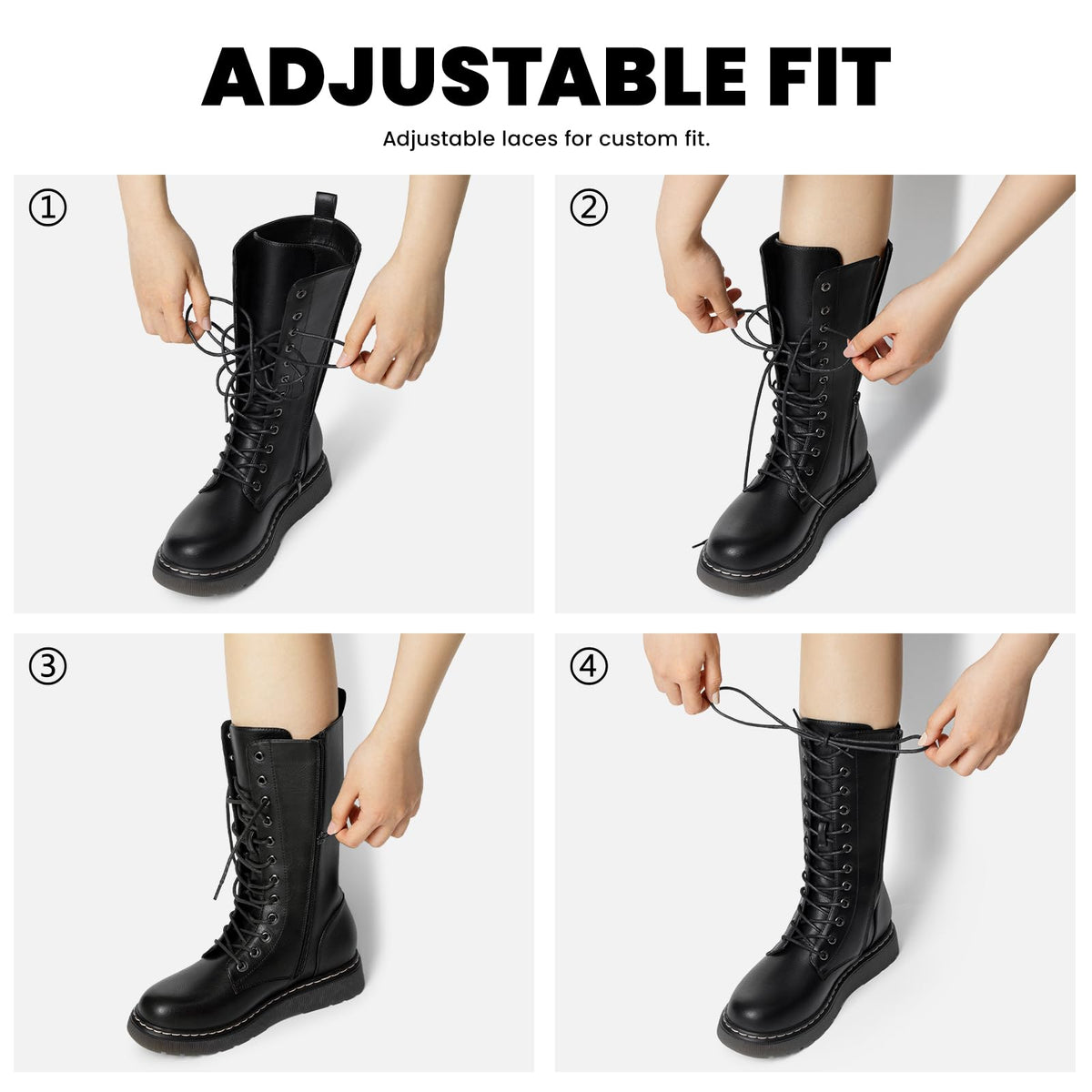 Women's Combat Boots Lace Up Mid Calf Black Boots with Side Zip