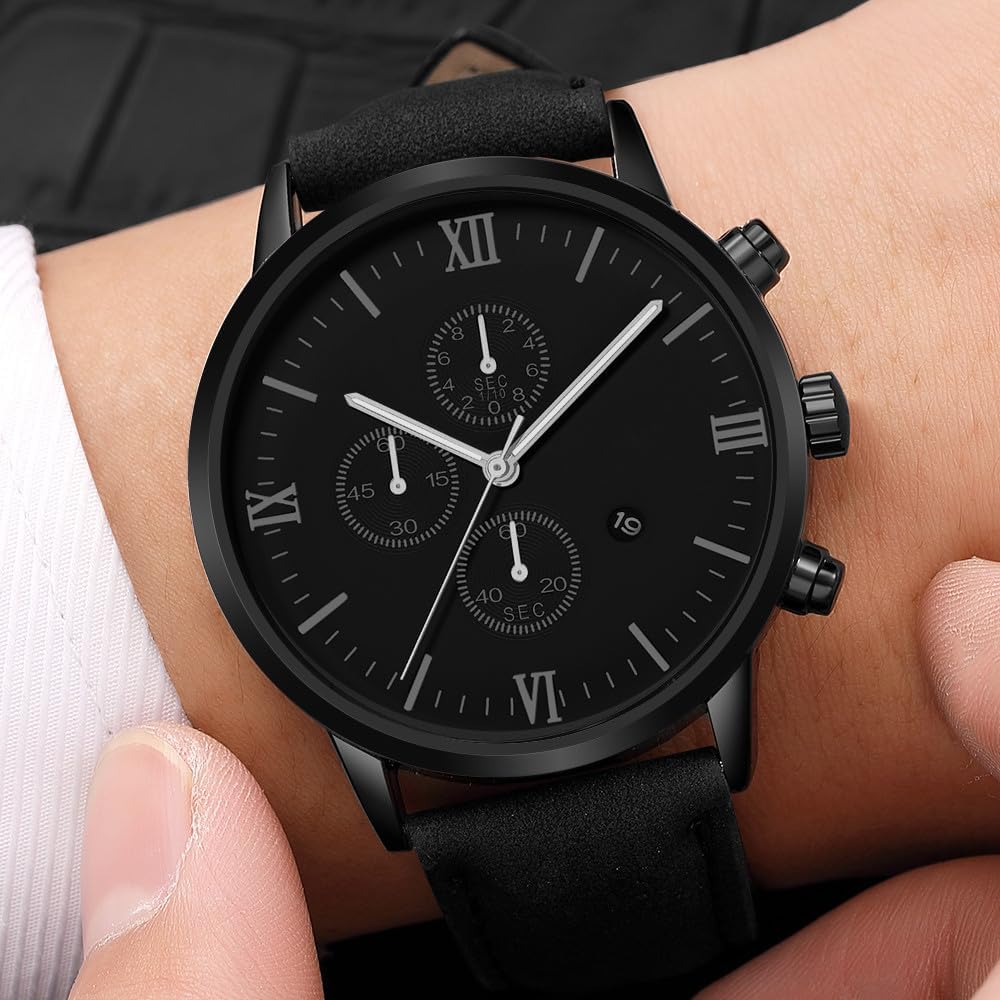 Mens Watches, Chronograph Analog Quartz Movement Dress Watch Casual Leather Band Date Watches for Men Roman Numerals