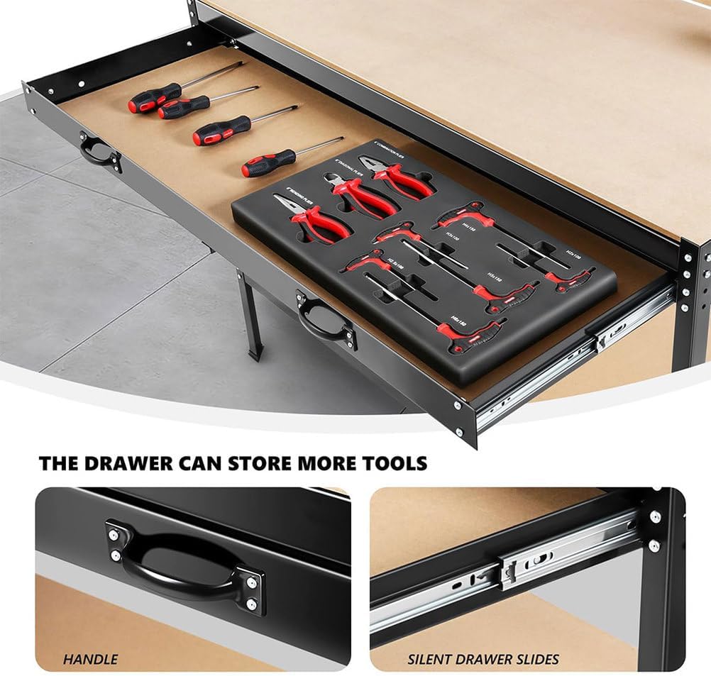 48" Heavy Duty Steel Workbench with Pegboard & Drawer, Garage Tool Storage Work Table with MDF Worktop, 300 LBS Load