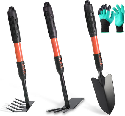 Garden Tool Set, 4 Pack Gardening Tools, Stainless Steel Heavy Duty Hand Cultivator, Hoes, Shovel