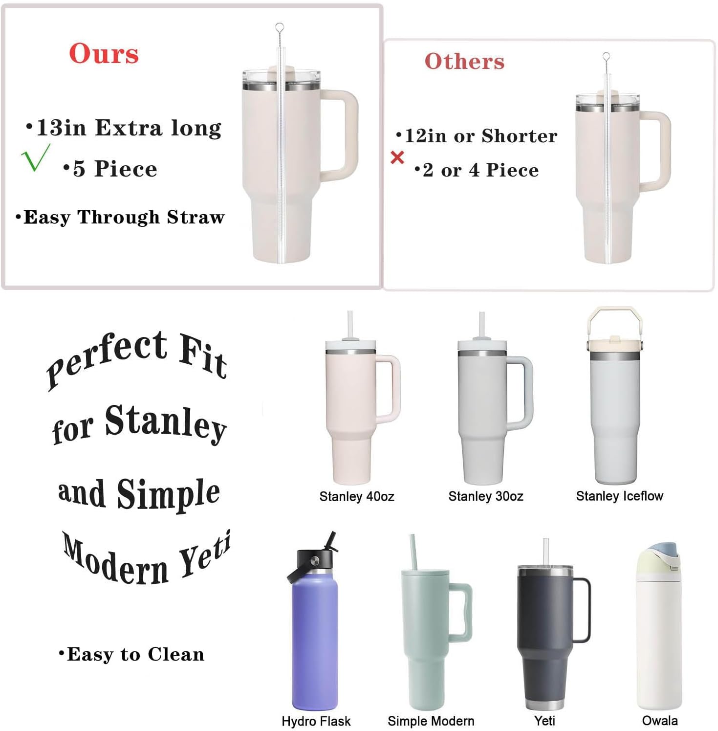 Straw Cleaner Brush Extra Long 13 inch for Stanley Yeti Tumbler Cup Straw Cleaner Brush Kit and 3 in 1 Cup Lid