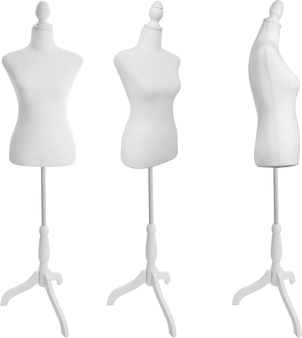 Female Linen Fabric Mannequin Torso Dress Form with Detachable Head, Two Wooden Hands and Height-Adjustable Metal