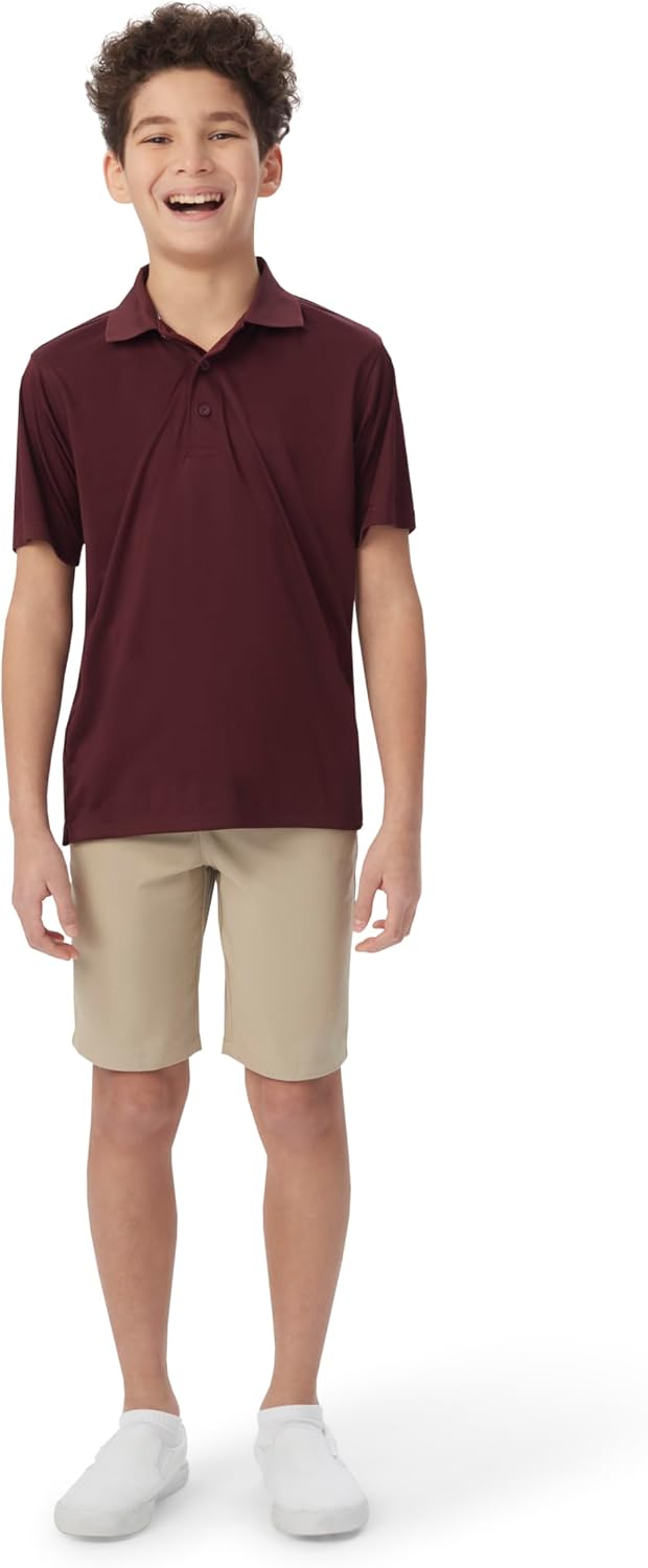 Boys' Short Sleeve Moisture Wicking Stretch Sport Polo Shirt (Kids Standard & Husky Sizes), Red, 18-20