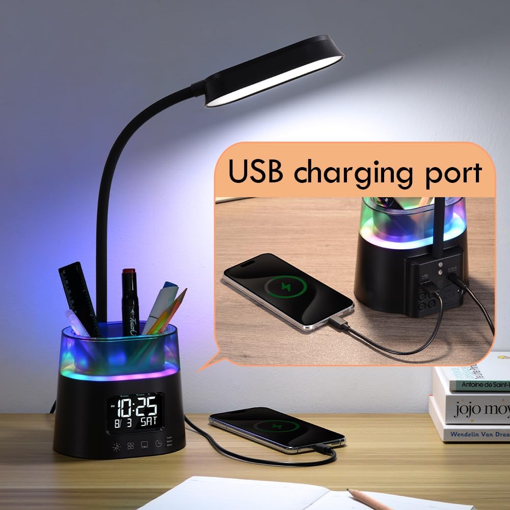 LED Kids Desk Lamp, Dimmable Study Lamp for Home Office Desk Accessories, with Pen Holder & Clock, USB Charging Port
