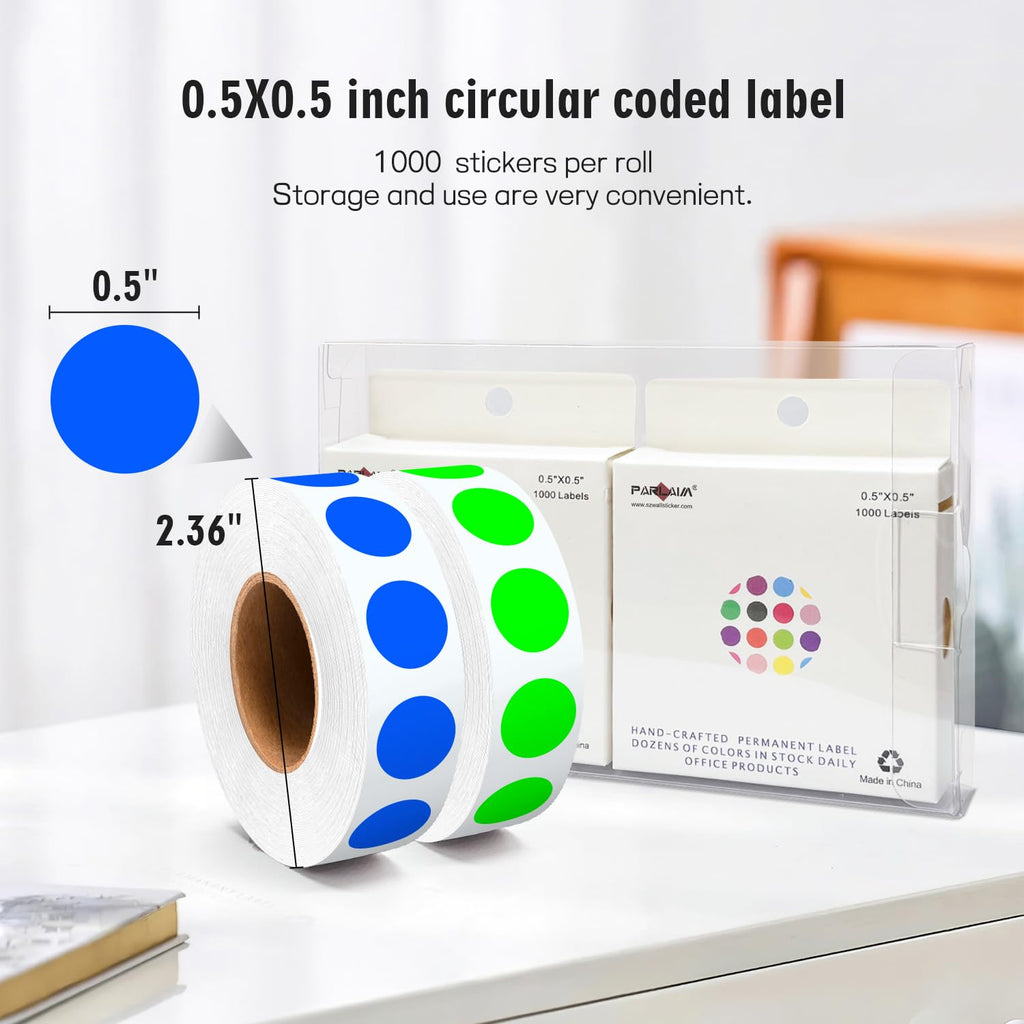 0.5" Circle Dot Stickers 2000 Color Coded Labels, Fluorescent Green+ Blue