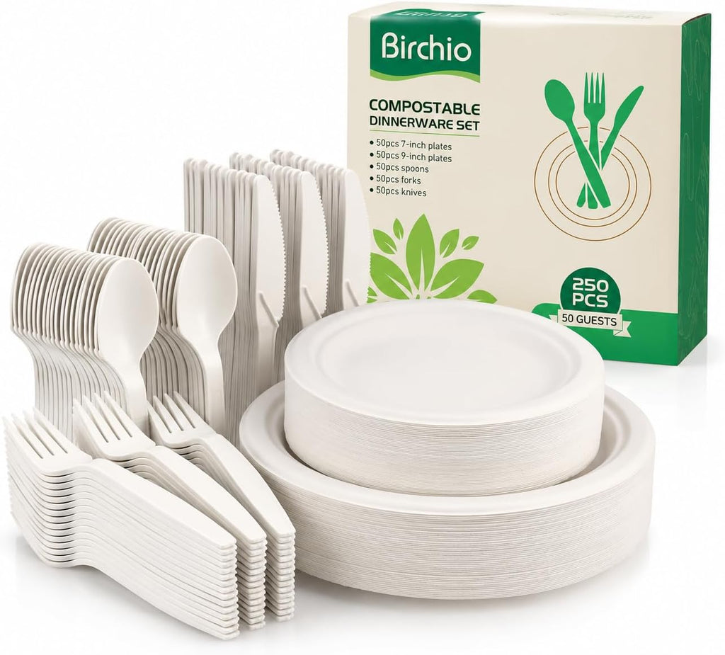 250 Piece Biodegradable Paper Plates Set (EXTRA LONG UTENSILS), Disposable Dinnerware Set, Eco Friendly Compostable