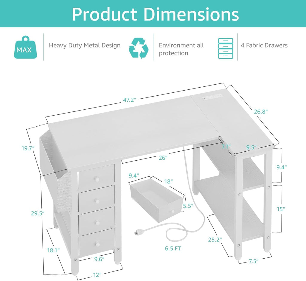White L Shaped Computer Desk with Drawers & Storage Shelves, 47 Inch Corner Reversible Desk with Power Outlet for