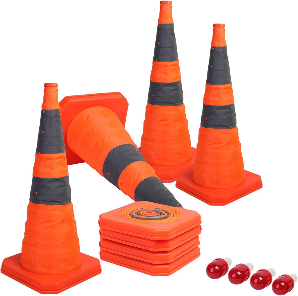 4 Pack 28 inch Collapsible Traffic Cones with LED Light Orange | Orange Collapsible Traffic Cones with Reflective