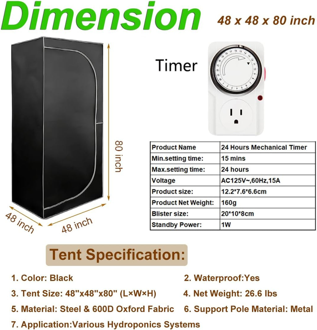 48"x48"x80" Grow Tent Kit Complete 4x4 ft High Reflective Mylar Indoor Grow Tent +Portable Full Spectrum LED Grow