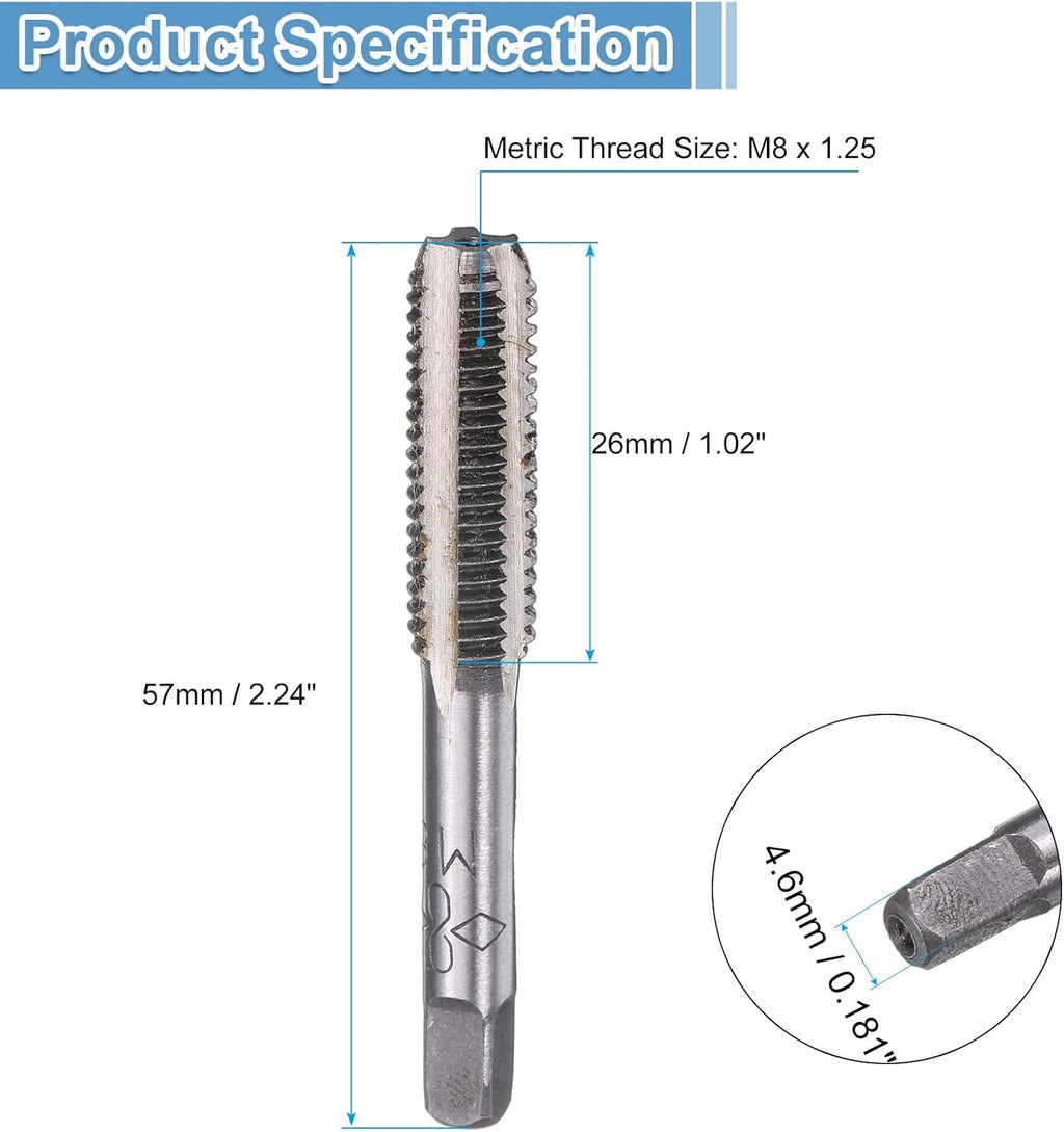 uxcell 2 Set Metric Hand Taps, M8 x 1.25 H2 Thread Taper + Bottom Tap, 9CrSi Alloy Tool Steel Screw Threading Milling Tapping Tool Kit
