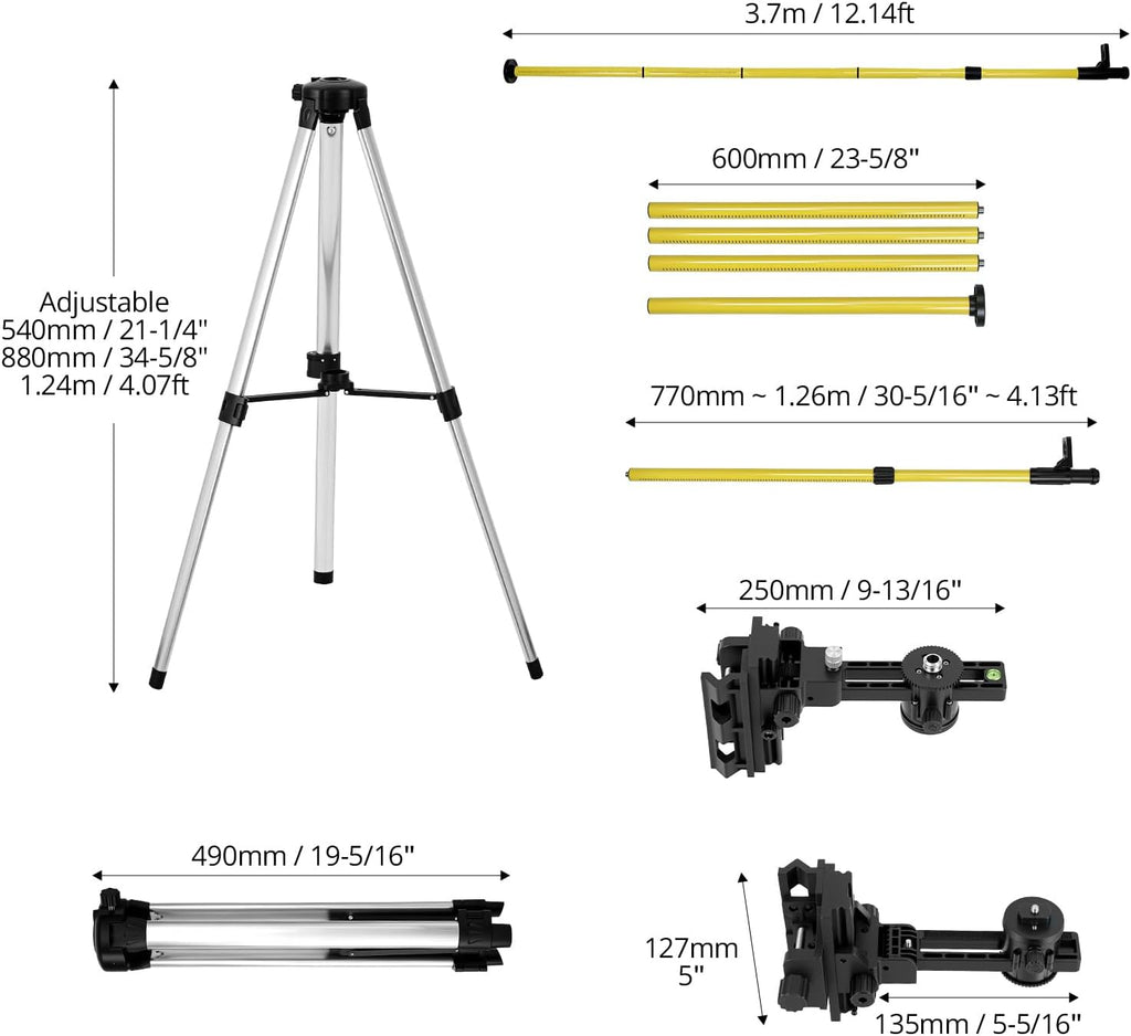 Laser Level Pole, 12 Ft./3.7M Adjustable Telescoping Laser Pole with Tripod, 1/4-Inch by 20-Inch Mount, Includes