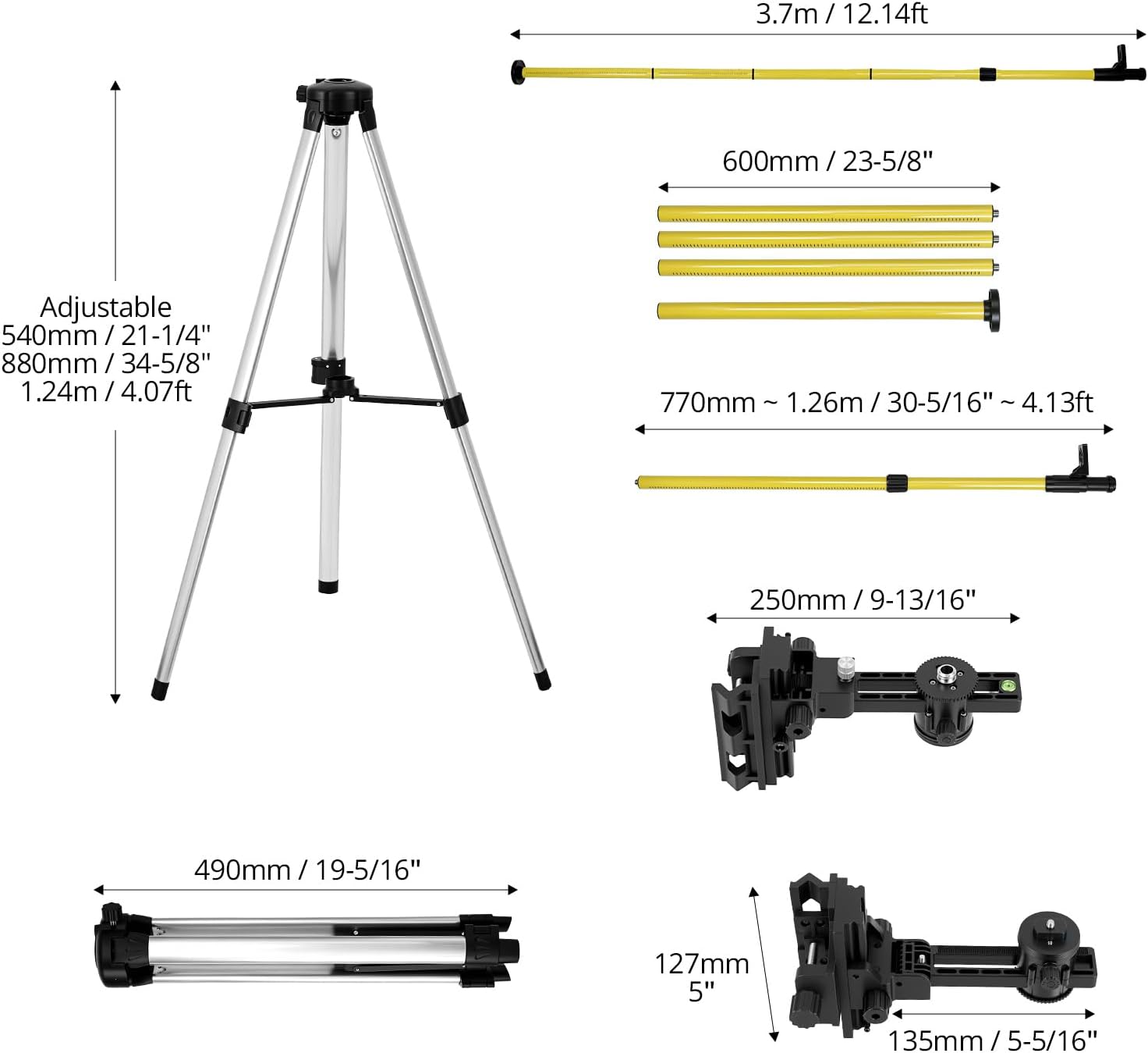 Laser Level Pole, 12 Ft./3.7M Adjustable Telescoping Laser Pole with Tripod, 1/4-Inch by 20-Inch Mount, Includes