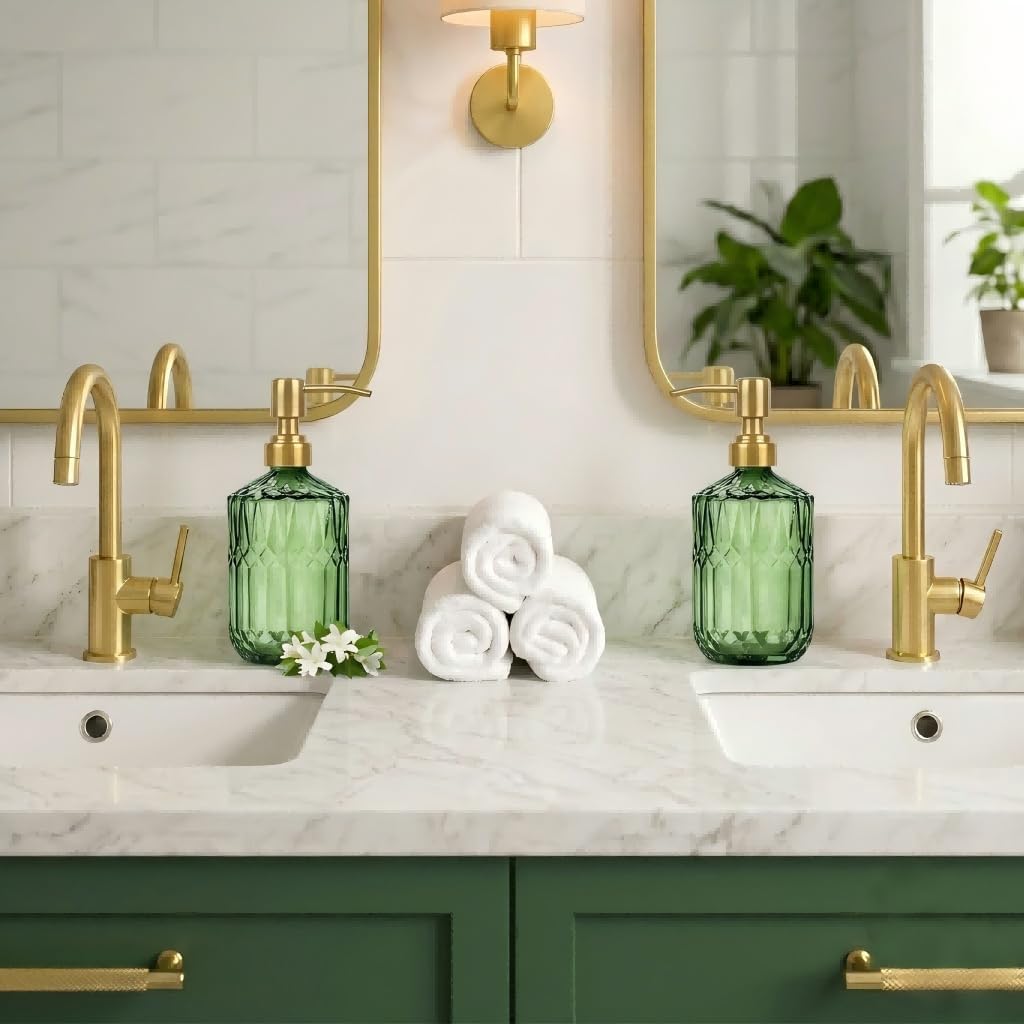 Green Glass Soap Dispenser (15.4 Oz, 2 Pack), Kitchen Hand and Dish Soap Dispenser Set with Golden Rust Proof Pump