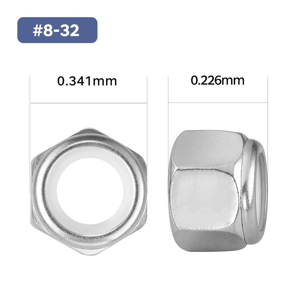 100Pcs #8-32 Lock Nuts, Nylon Insert Locknuts 304 Stainless Steel 18-8 SS Self-Locking Nuts, Coarse Thread Hex Nylock Nut