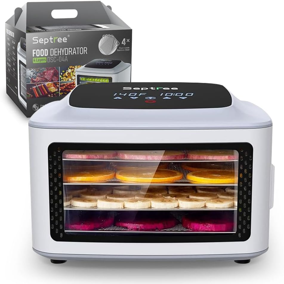 Compact Food Dehydrator, 4 Stainless Steel Trays Fresh Dryer Machine for Jerky Herbs Fruit Veggies Snacks, with