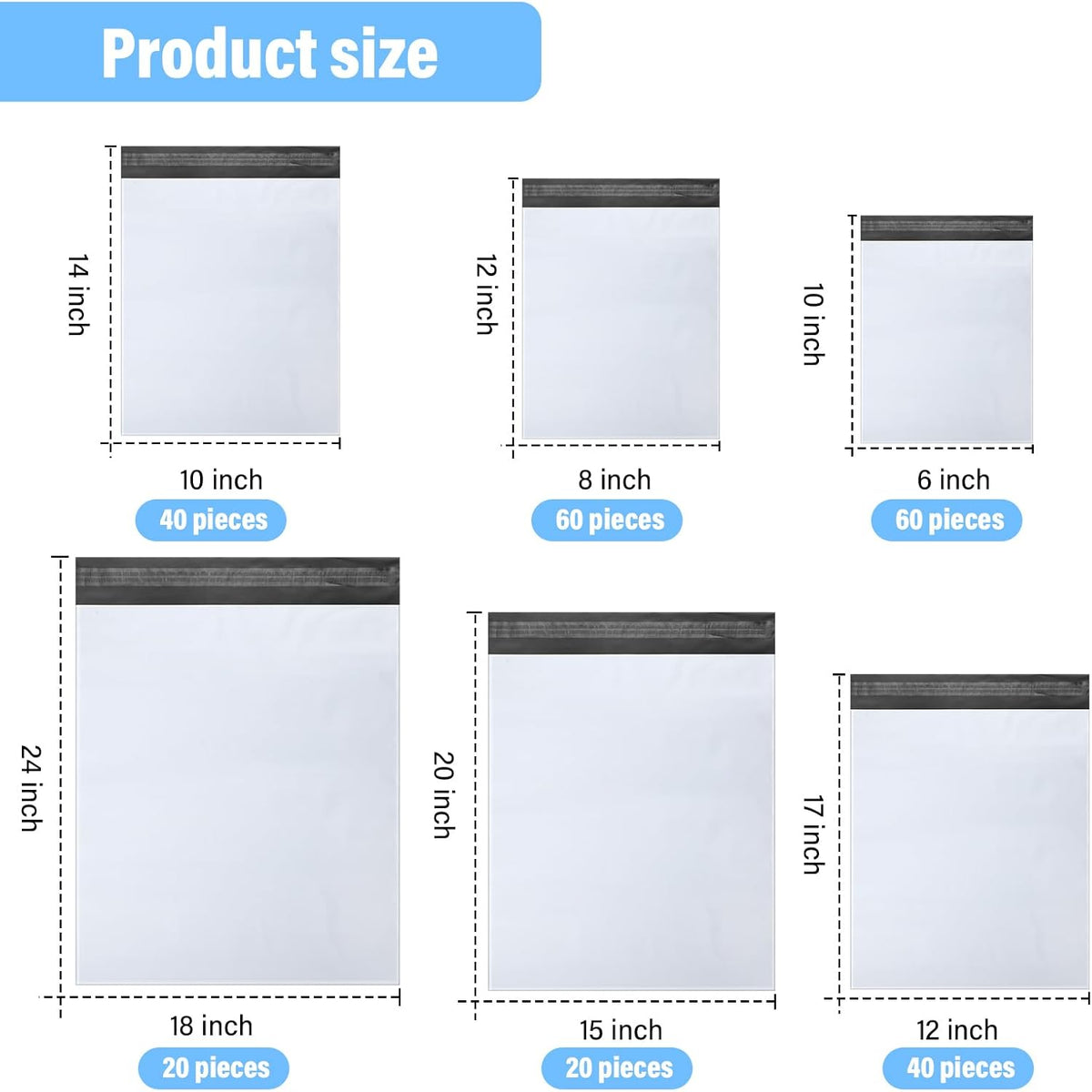 240 Pcs Poly Mailers Variety Size Pack Shipping Bags, White