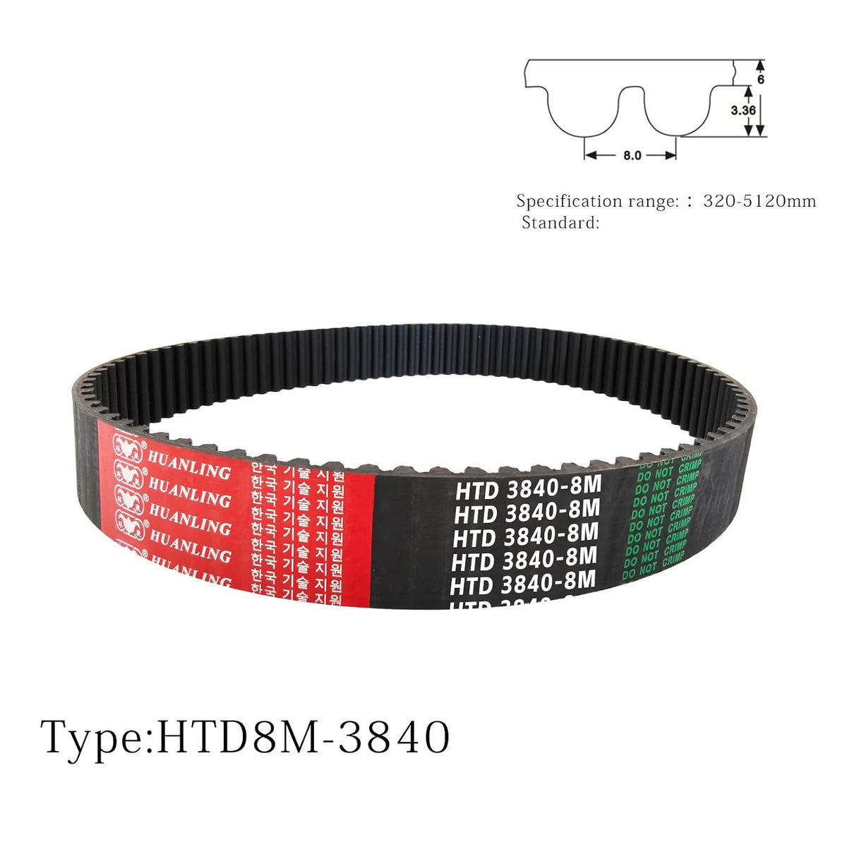 3840-8M-20 HTD Timing Belt, 3840mm Length x 20mm Width x 6mm Height, 8mm Pitch, 480 Teeth, Closed Loop Pulley Timing Belt