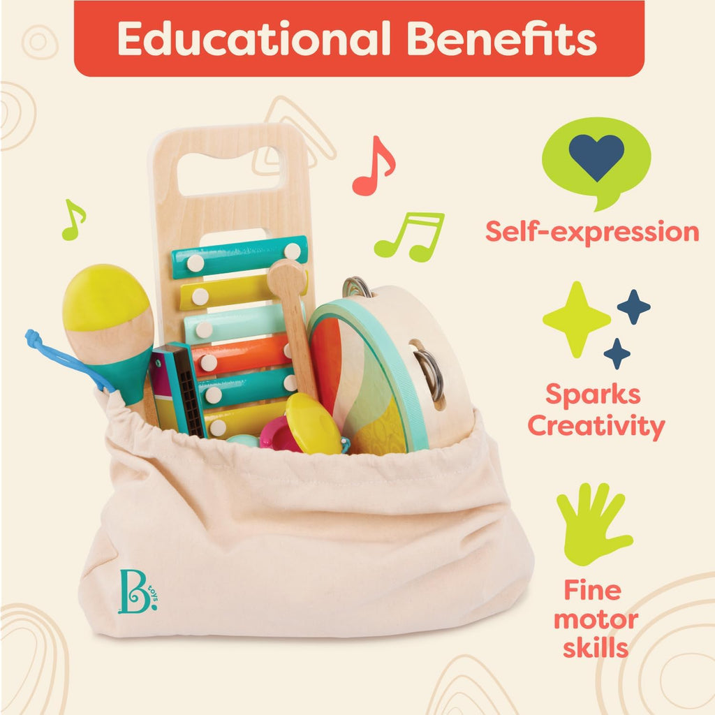 Wooden Musical Instruments, Make a Melody, 9-Piece Set, Interactive | Includes xylophone, tambourine, harmonica