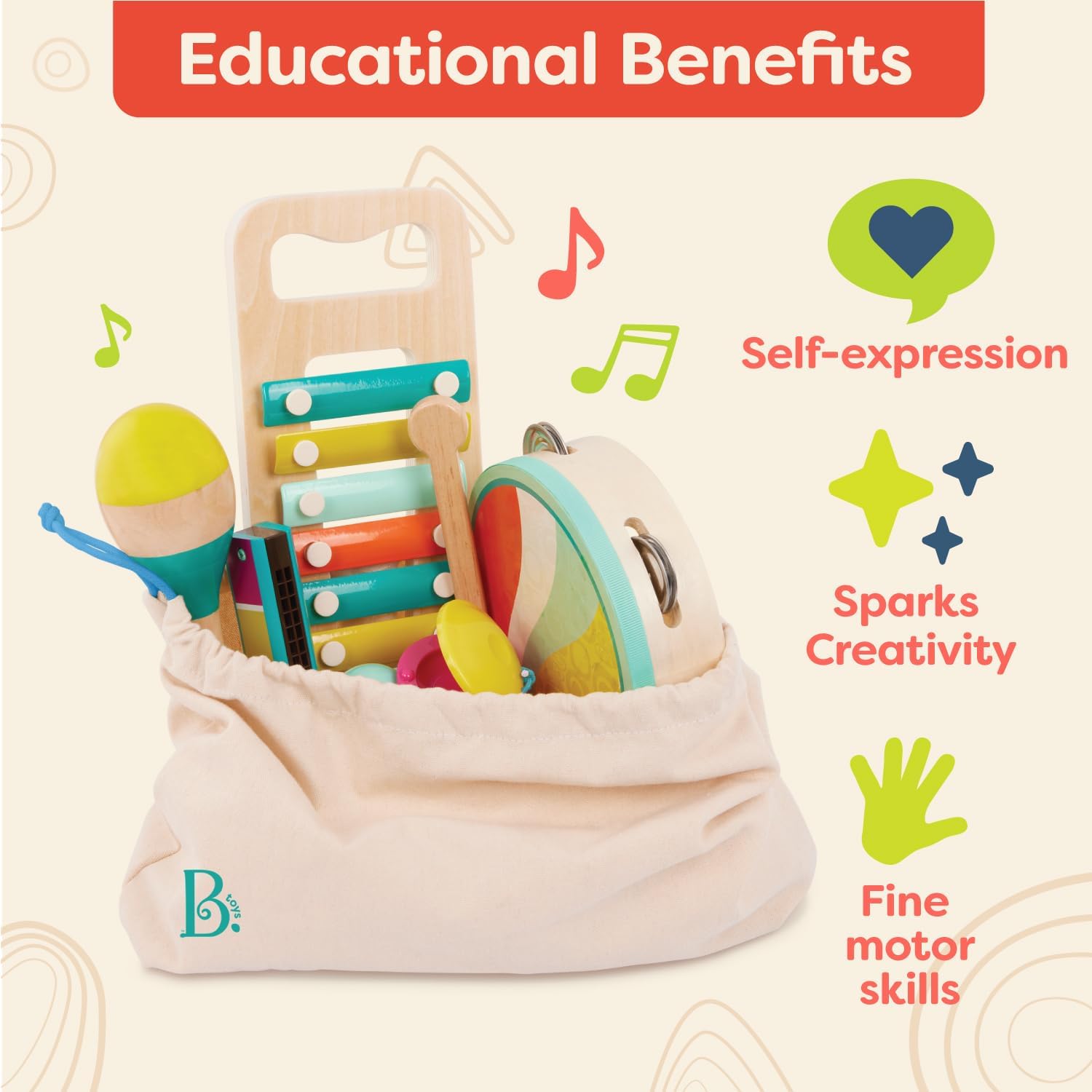 Wooden Musical Instruments, Make a Melody, 9-Piece Set, Interactive | Includes xylophone, tambourine, harmonica