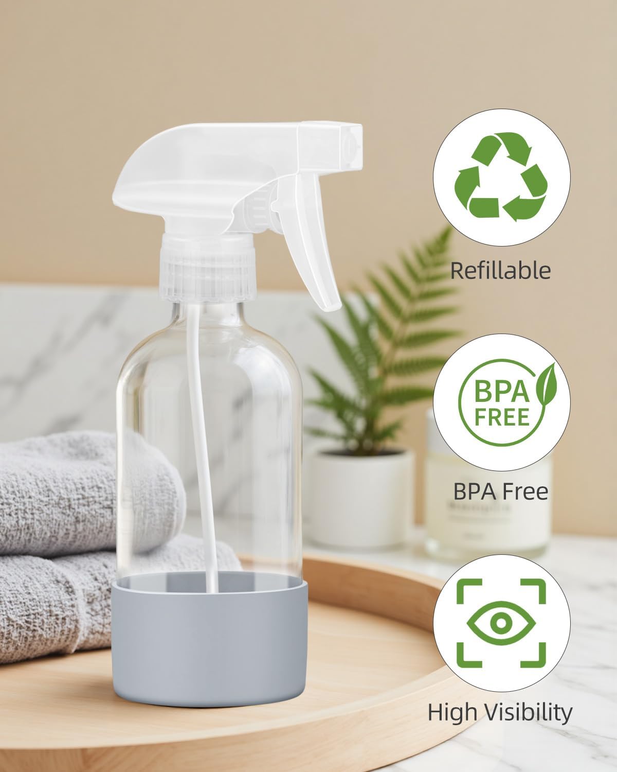 2 Pack Glass Spray Bottles 8 oz, Empty Refillable Containers with Silicone Sleeve Protection, Glass Spray Bottles for