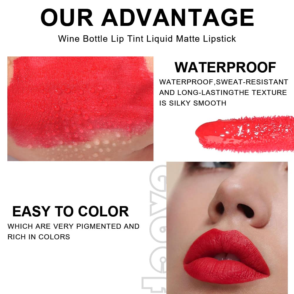 6Pcs Wine Bottle Lip Tint Stain Set Long Lasting Lipstick 24 hour Waterproof for Women, Ruby Dark Deep Rose Red Plum