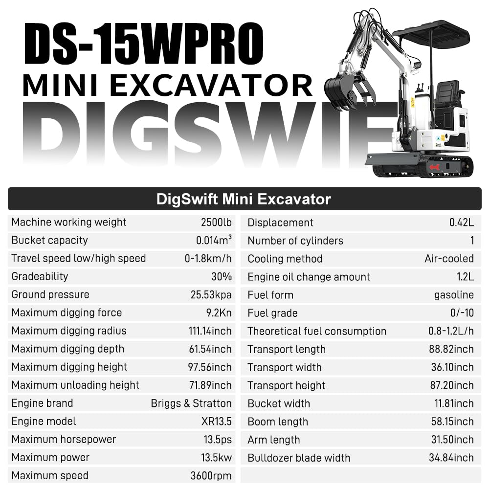 DS-15WPRO, 1.2 Ton New Mini Excavator Pilot Control B&S Gasoline