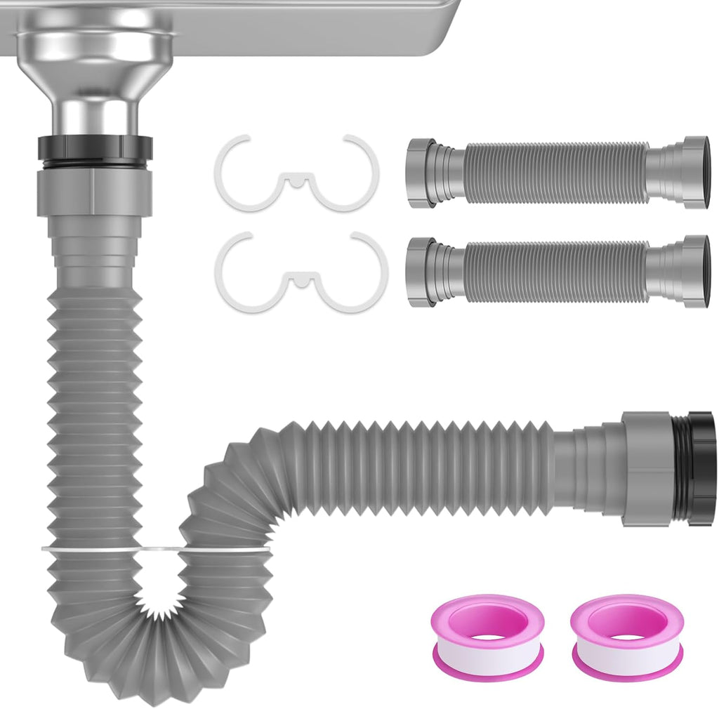 2 Packs Expandable Flexible P-Trap Pipe Kit (1 1/2" or 1 1/4") Single Kitchen Sink Drainage Solution Includes Adapter