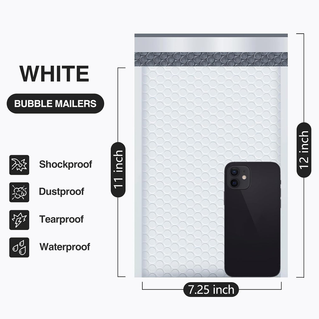 Bubble Mailers 7.25x12" 25 Pack Usable Size 7.25x11" White Padded
