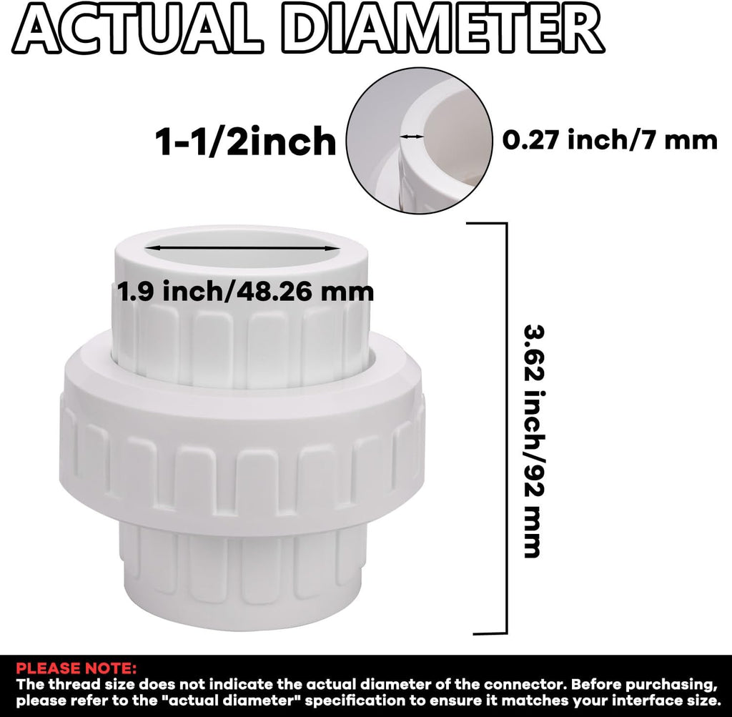 1-1/2" PVC Union Coupling Pipe Fitting (actual diameter 1.9") PVC Adapter Schedule 40(Socket x Socket), EPDM O-Ring, White 2 Pack