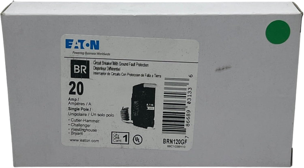 BRN120GF Circuit Breaker, GFCI, Type BR, 20 A, 1-Pole, 120/240 VAC, Trip-to-Center Trip, Plug