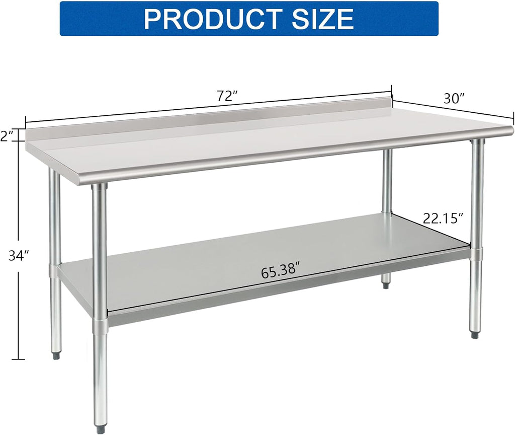 HARDURA Stainless Steel Prep & Work Table 30 x 72 Inches Backsplash