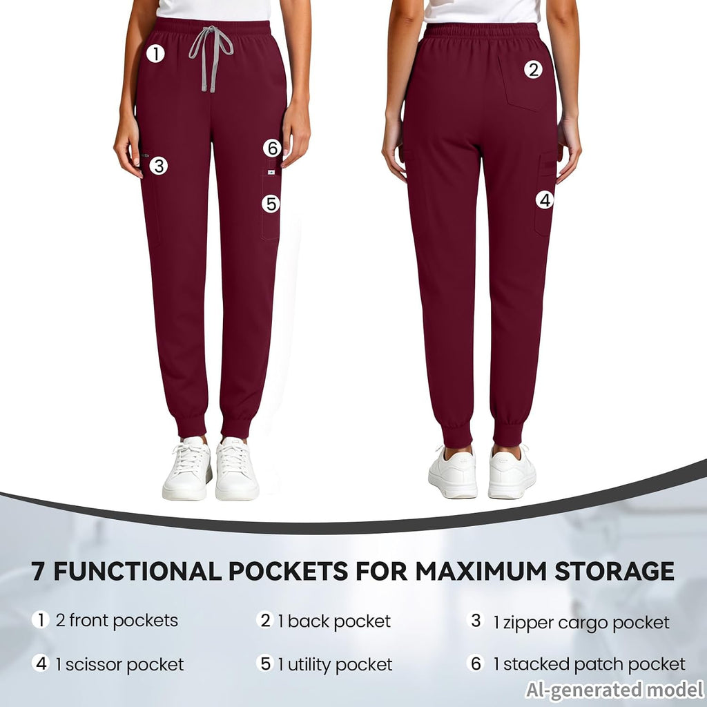 Women's Jogger Scrub Pants – 7 Pockets, Mid-Rise, Soft Stretch