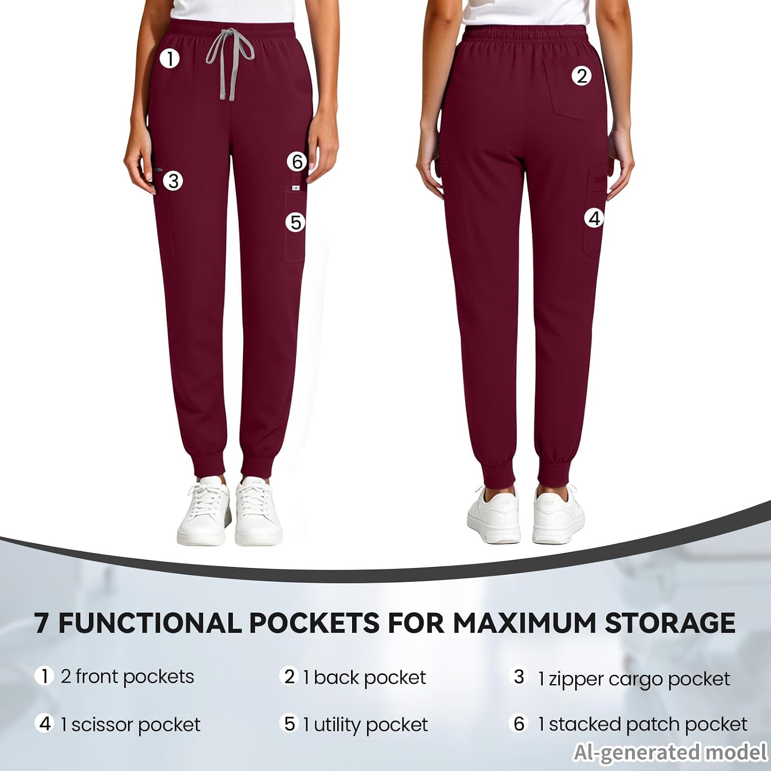 Women's Jogger Scrub Pants – 7 Pockets, Mid-Rise, Soft Stretch