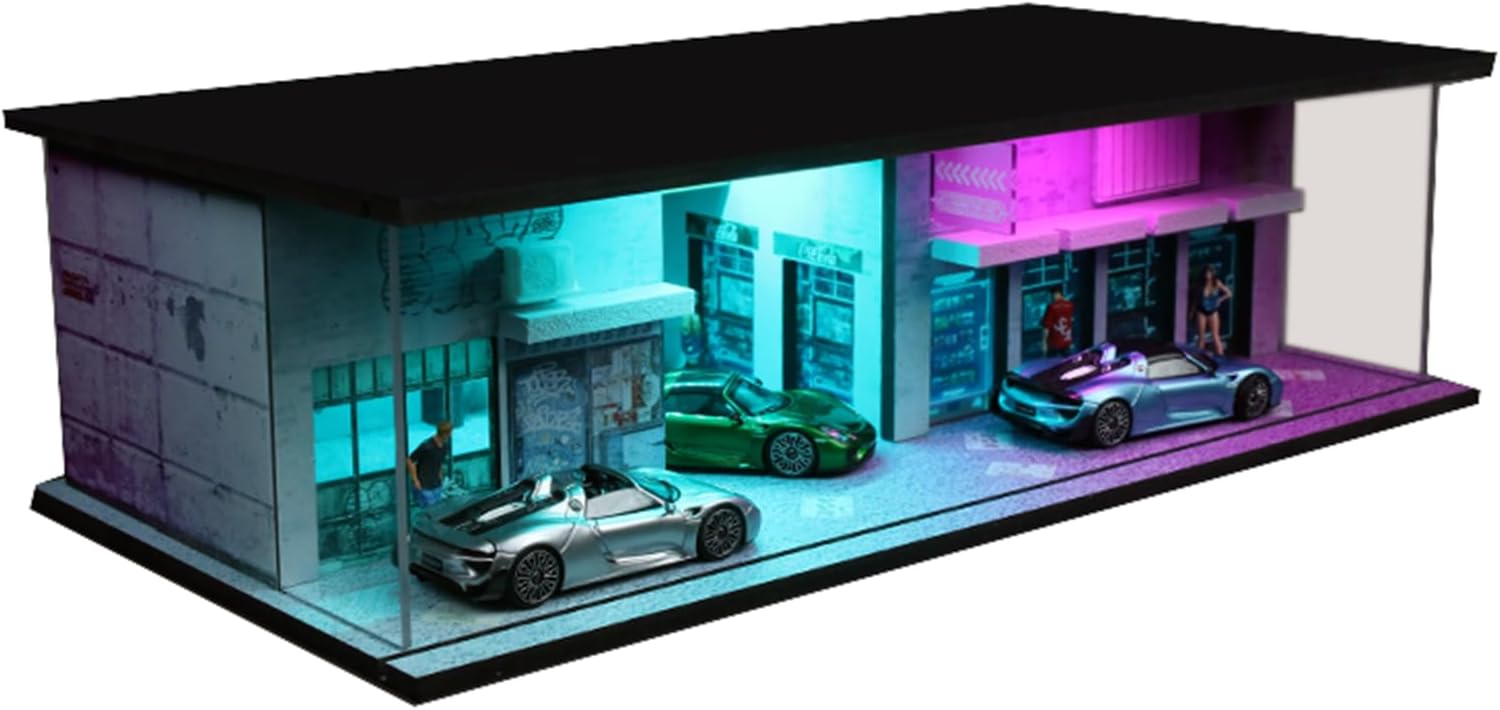 1/64 Neon Style LED Diorama Display Case for Model Car & Figures | Compatible with Hot Wheels Matchbox Mini GT