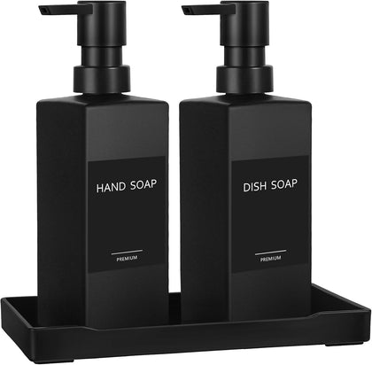 Kitchen Soap Dispenser Set, Hand and Dish Soap Dispensers, 12 fl oz/350 ml Black Soap Dispenser with Tray, Glass Dish