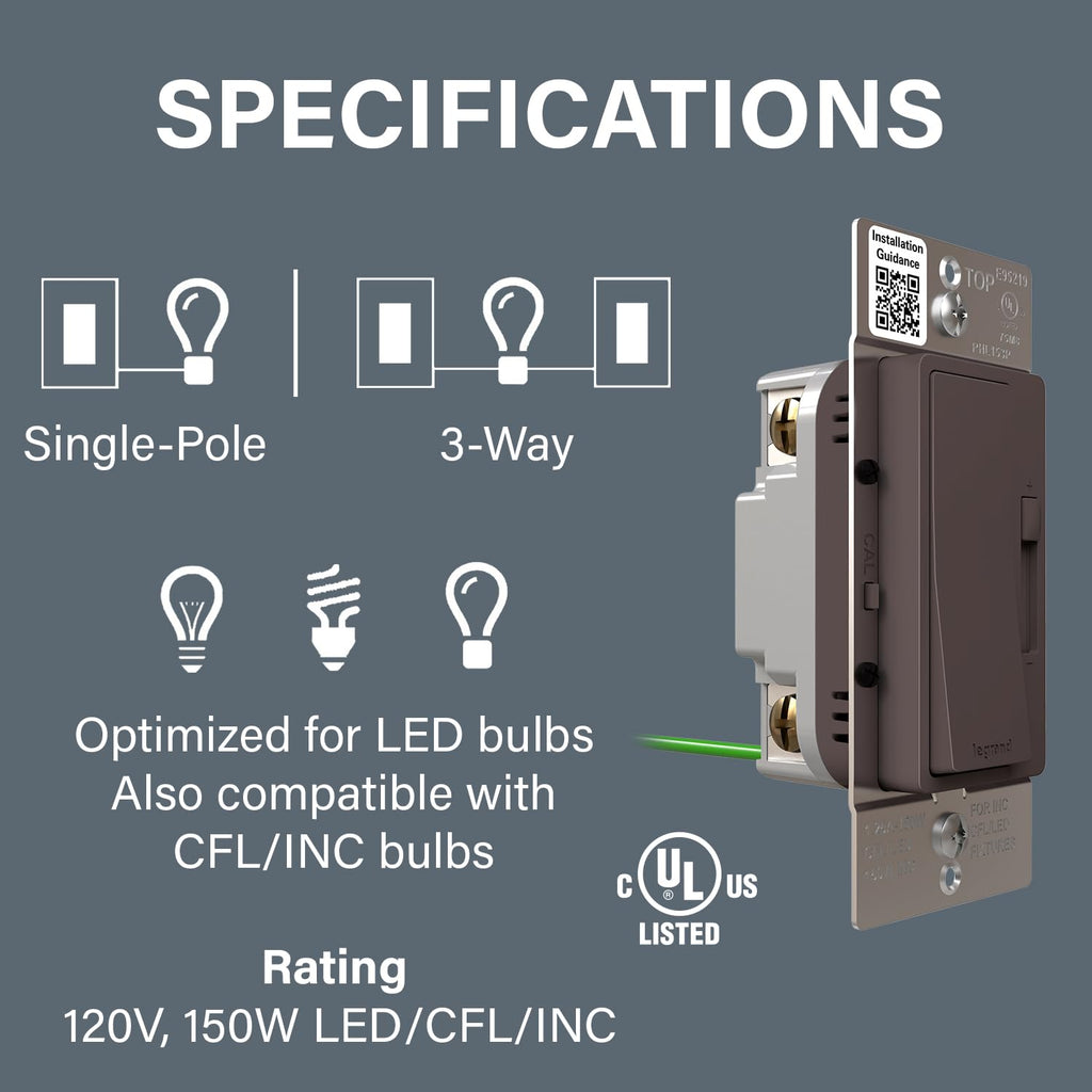 Legrand Radiant 150W LED Dimmer Light Switch 3-Way Rocker Brown 1 Pack