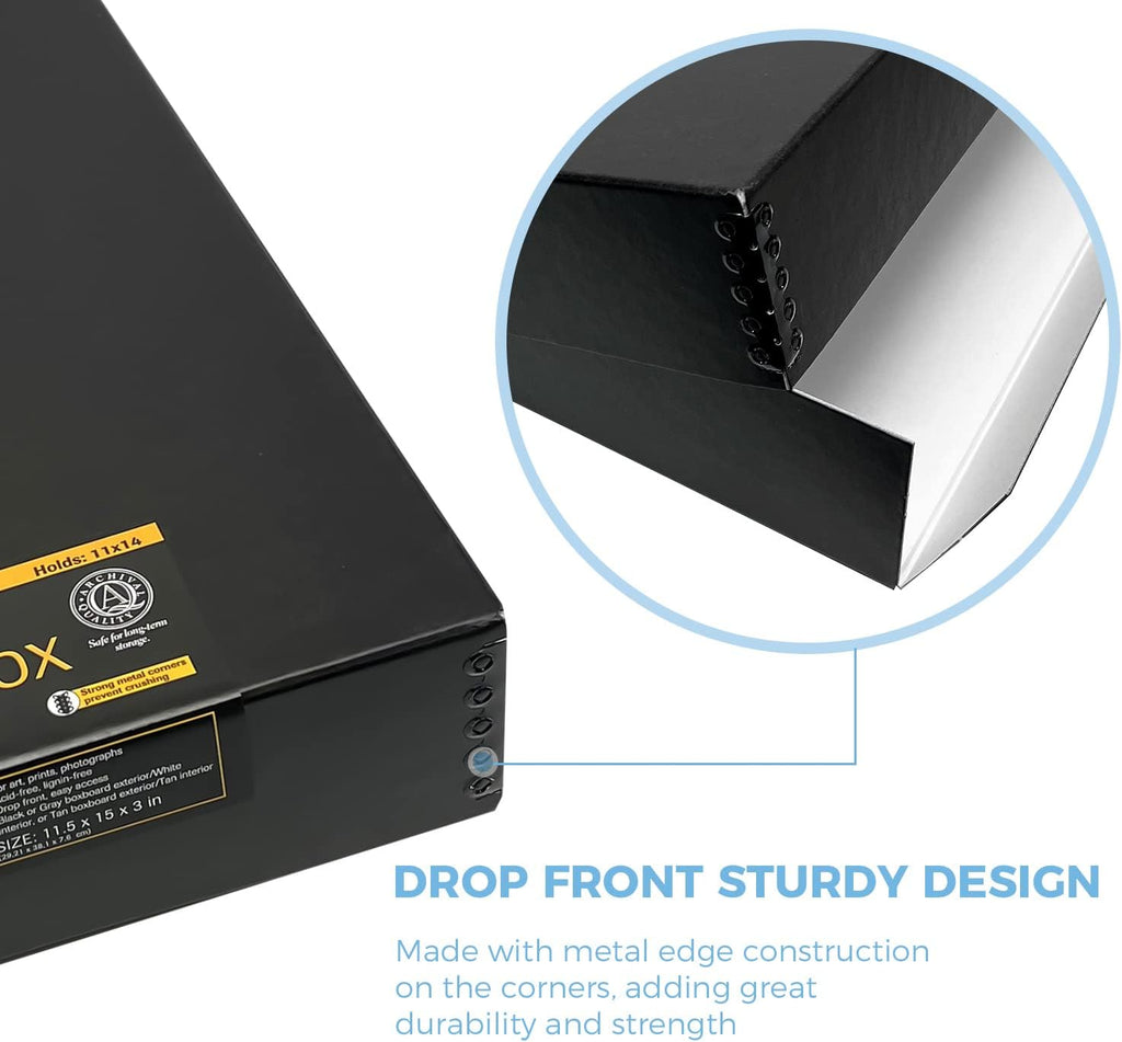 11x14 Black Museum Archival Storage Box, Drop Front, 11.75x15x3 in.