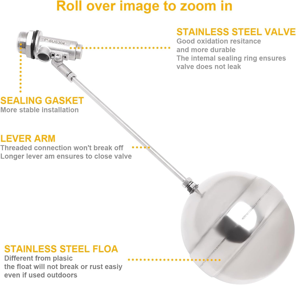Stainless Steel Float Ball Valves - 1" NPT Male Thread Flow Control Float Sensor Valve Automatic Water Level Control Float For Tank Pond Water Tower
