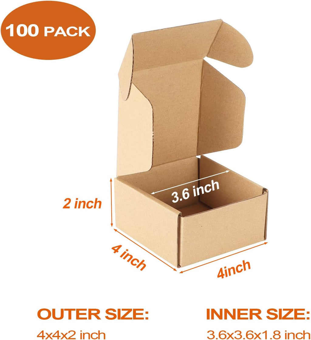 100 Pack 4x4x2 inch Small Shipping Boxes, Brown Mailing Boxes