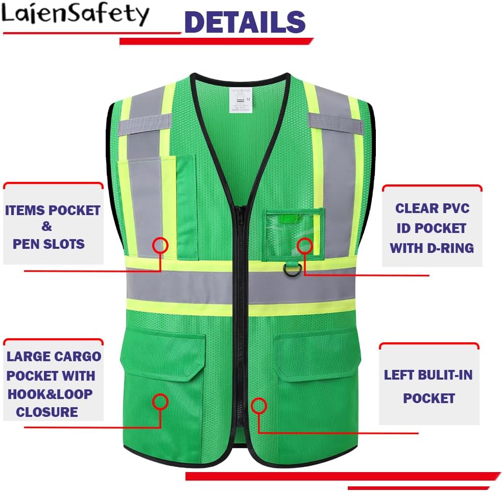 Hi Vis Reflective Safety Vest for Men Women,EK178,Green,2XL | 4 Pockets,1 Inside Pocket, Class 1 Mesh High Visibility
