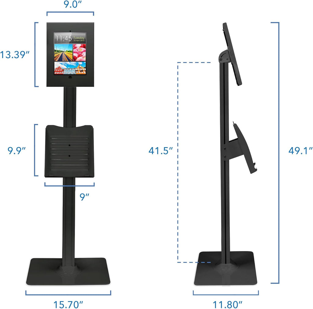 Anti-Theft iPad Tablet Floor Stand Kiosk with Literature Holder | Lockable Enclosure for iPad Gen 7–11, Pro & Air