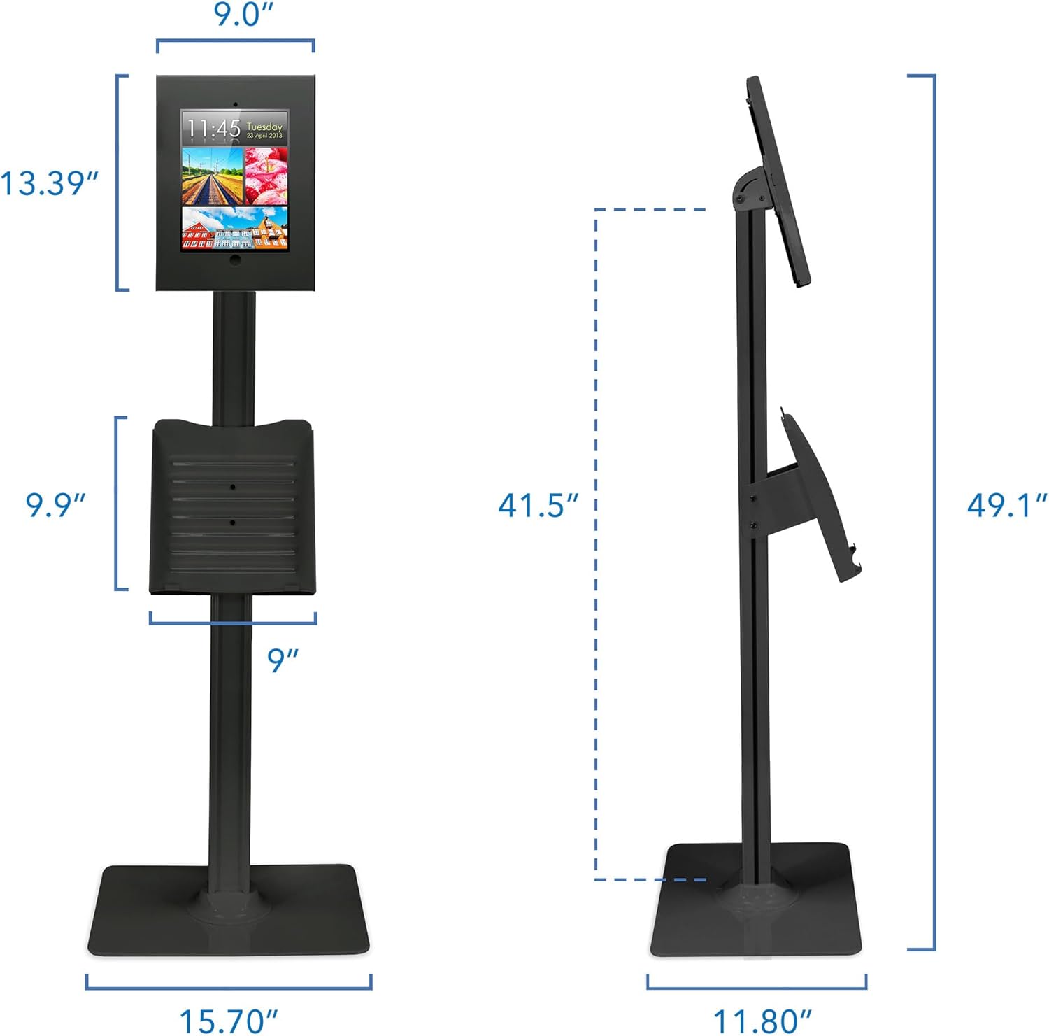 Anti-Theft iPad Tablet Floor Stand Kiosk with Literature Holder | Lockable Enclosure for iPad Gen 7–11, Pro & Air