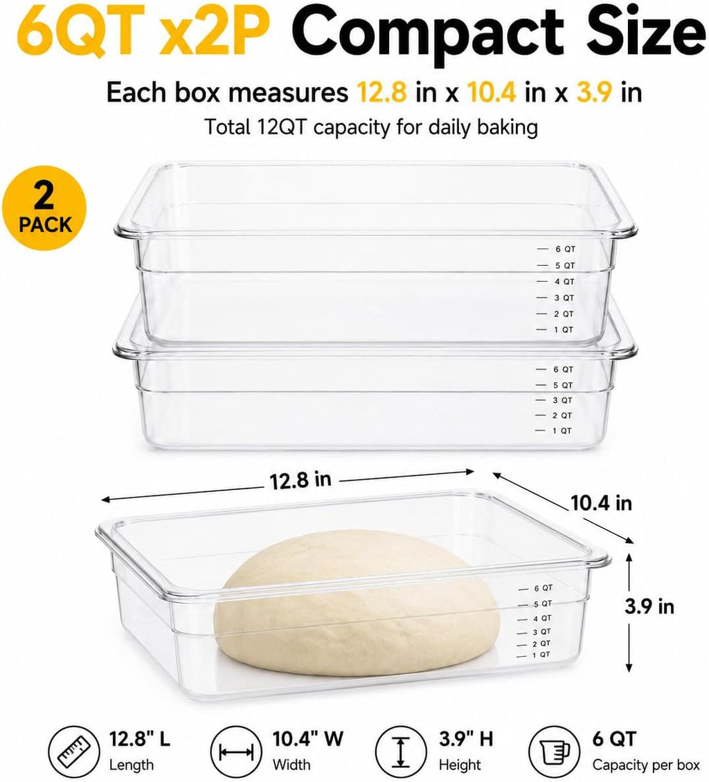 Sourdough Proofing Containers, 2 Pack 6QT Clear Dough Rising Boxes with Lids, Stackable Bulk Fermentation Containers