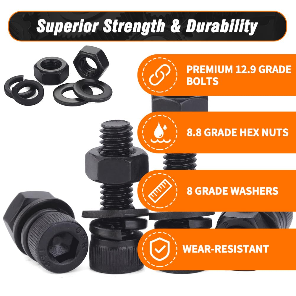 12.9 Grade M8 Screws Assortment Kit, 72pcs Bolts and Nuts Washers Set