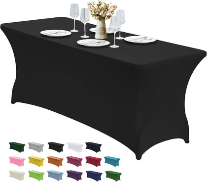 6FT Stretch Spandex Fitted Tablecloth,Rectangular Table Cover,Black