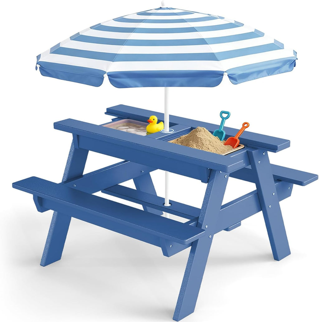 Kids 3-in-1 Sand & Water Table,HDPE Outdoor Convertible Picnic Table w/Detachable Tabletop