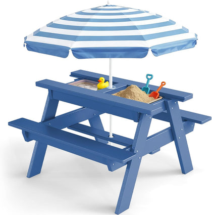Kids 3-in-1 Sand & Water Table,HDPE Outdoor Convertible Picnic Table w/Detachable Tabletop