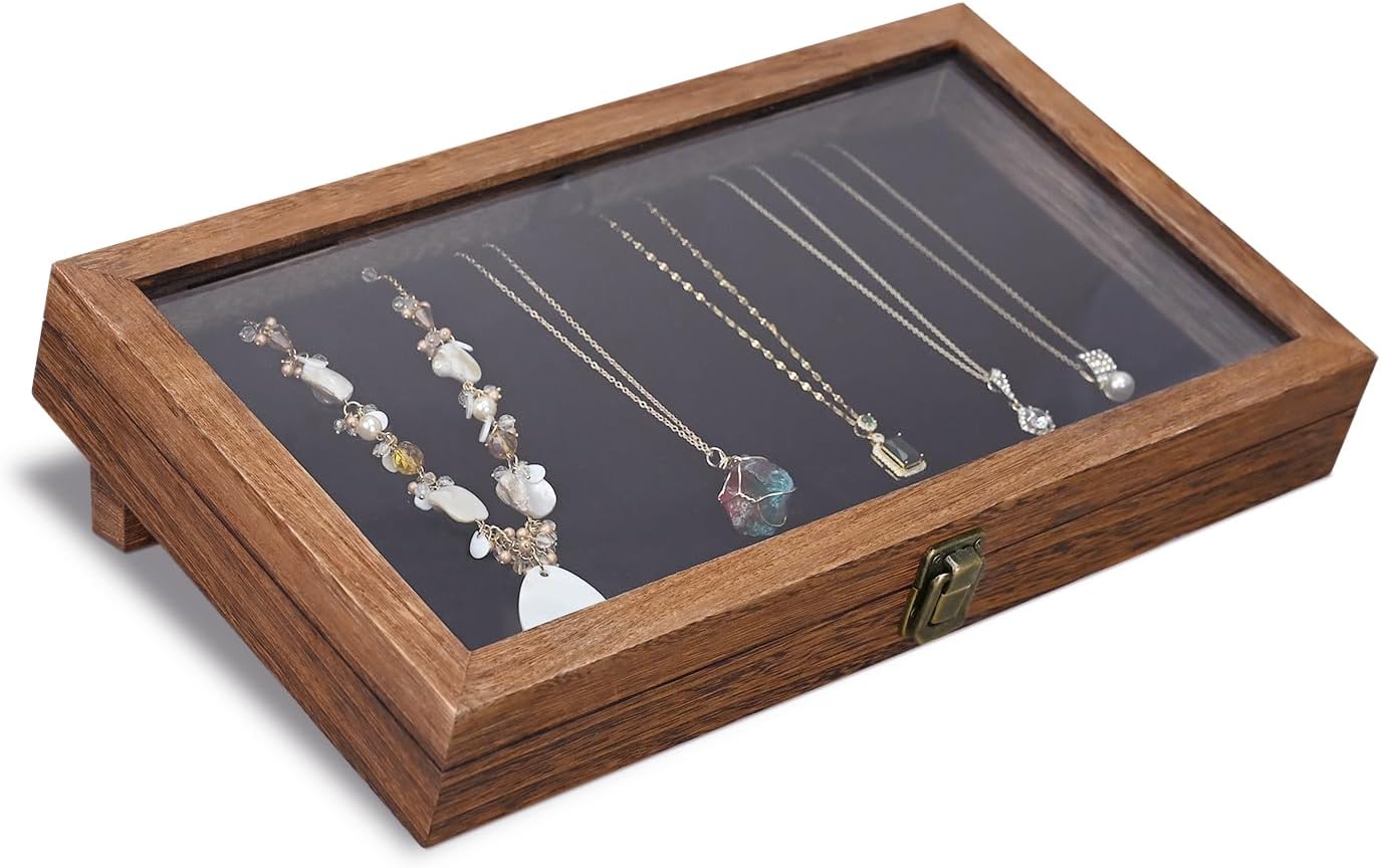 Wooden Jewelry Display Case with Tempered Glass Top, Velvet Pad | Brown wood display case with tempered-glass top